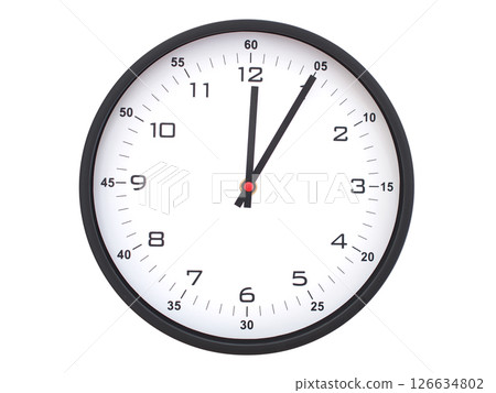 A modern white face with black numbers analog wall clock Showing 00:05 or 12:05. Isolated on White Background. 126634802
