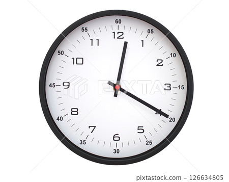 A modern white face with black numbers analog wall clock Showing 00:20 or 12:20. Isolated on White Background. 126634805