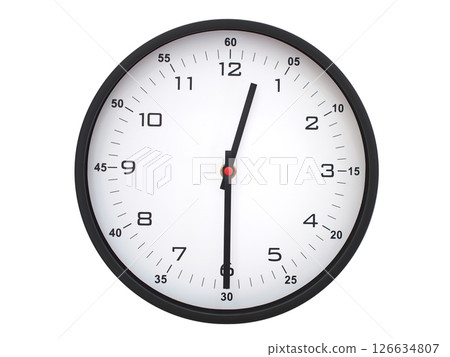 A modern white face with black numbers analog wall clock Showing 00:30 or 12:30. Isolated on White Background. 126634807