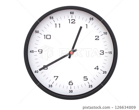 A modern white face with black numbers analog wall clock Showing 00:40 or 12:40. Isolated on White Background. 126634809
