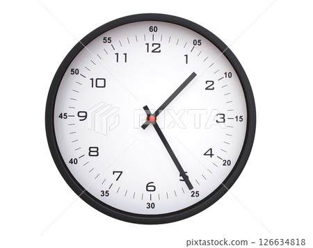 A modern white face with black numbers analog wall clock Showing 01:25 or 13:25. Isolated on White Background. 126634818