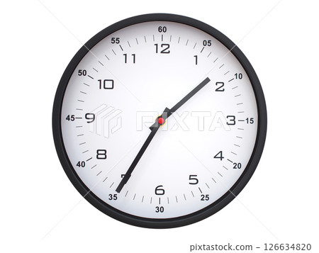 A modern white face with black numbers analog wall clock Showing 01:35 or 13:35. Isolated on White Background. A modern white face with black numbers analog wall clock Showing 01:35 or 13:35. Isolated on White Background. 126634820
