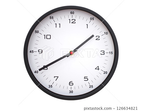 A modern white face with black numbers analog wall clock Showing 01:40 or 13:40. Isolated on White Background. A modern white face with black numbers analog wall clock Showing 01:40 or 13:40. Isolated on White Background. 126634821