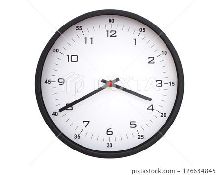 A modern white face with black numbers analog wall clock Showing 03:40 or 15:40. Isolated on White Background. 126634845