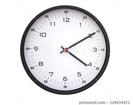 A modern white face with black numbers analog wall clock Showing 04:10 or 16:10. Isolated on White Background. 126634851