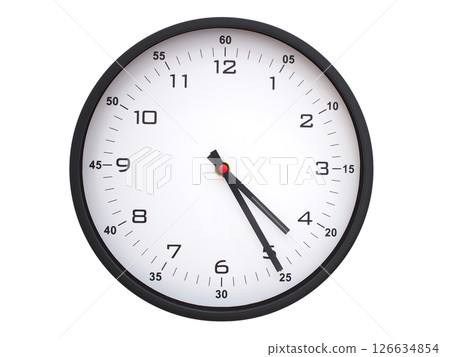 A modern white face with black numbers analog wall clock Showing 04:25 or 16:25. Isolated on White Background. A modern white face with black numbers analog wall clock Showing 04:25 or 16:25. Isolated on White Background. 126634854
