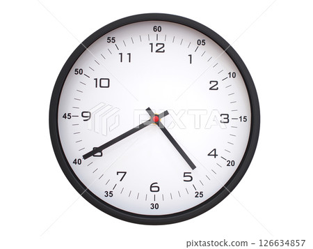 A modern white face with black numbers analog wall clock Showing 04:40 or 16:40. Isolated on White Background. A modern white face with black numbers analog wall clock Showing 04:40 or 16:40. Isolated on White Background. 126634857