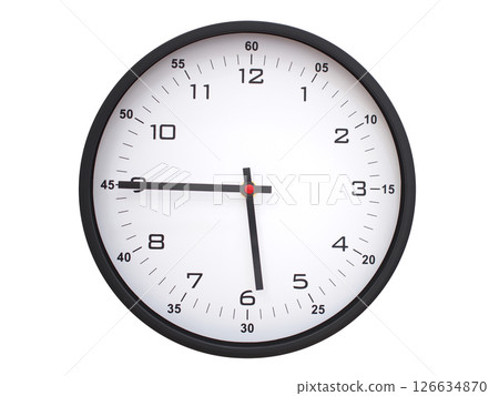 A modern white face with black numbers analog wall clock Showing 05:45 or 17:45. Isolated on White Background. 126634870