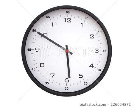 A modern white face with black numbers analog wall clock Showing 05:50 or 17:50. Isolated on White Background. 126634871