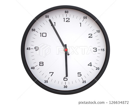 A modern white face with black numbers analog wall clock Showing 05:55 or 17:55. Isolated on White Background. 126634872