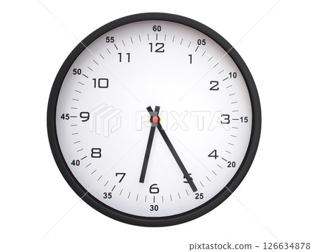 A modern white face with black numbers analog wall clock Showing 06:25 or 18:25. Isolated on White Background. 126634878