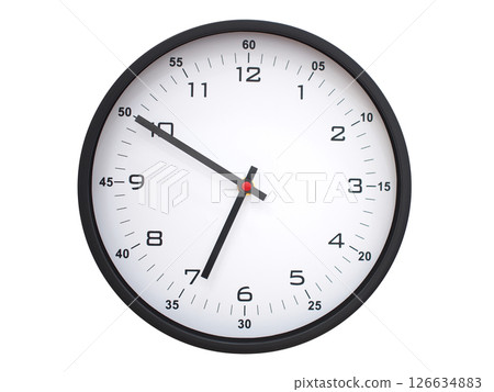 A modern white face with black numbers analog wall clock Showing 06:50 or 18:50. Isolated on White Background. 126634883