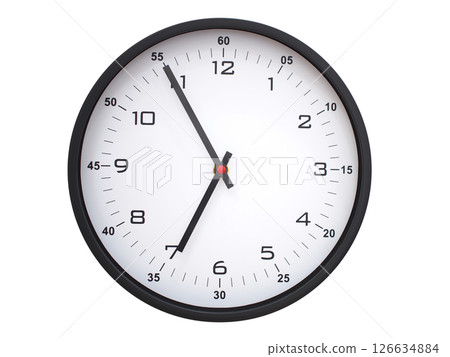 A modern white face with black numbers analog wall clock Showing 06:55 or 18:55. Isolated on White Background. A modern white face with black numbers analog wall clock Showing 06:55 or 18:55. Isolated on White Background. 126634884