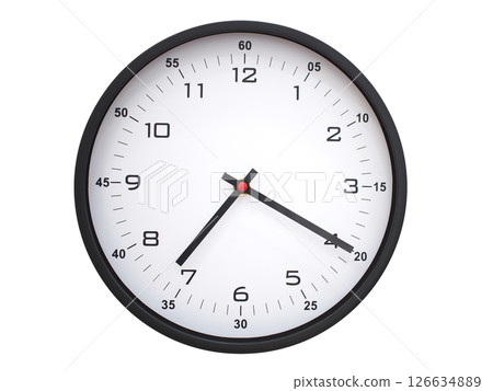 A modern white face with black numbers analog wall clock Showing 07:20 or 19:20. Isolated on White Background. 126634889