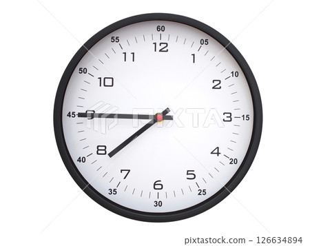 A modern white face with black numbers analog wall clock Showing 07:45 or 19:45. Isolated on White Background. 126634894