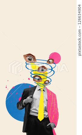 Thinking Spiral. Doodle spiral of thought, as eyes, leads over head of businessman against beige background. Conceptual art design Thinking Spiral. Doodle spiral of thought, as eyes, leads over head of businessman against beige background. Conceptual art design 126634904