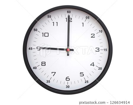 A modern white face with black numbers analog wall clock Showing 09:00 or 21:00. Isolated on White Background. 126634914