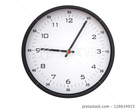 A modern white face with black numbers analog wall clock Showing 09:05 or 21:05. Isolated on White Background. A modern white face with black numbers analog wall clock Showing 09:05 or 21:05. Isolated on White Background. 126634915