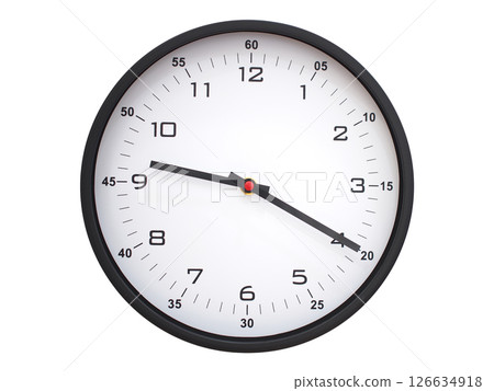 A modern white face with black numbers analog wall clock Showing 09:20 or 21:20. Isolated on White Background. 126634918