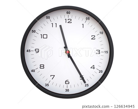 A modern white face with black numbers analog wall clock Showing 11:25 or 23:25. Isolated on White Background. A modern white face with black numbers analog wall clock Showing 11:25 or 23:25. Isolated on White Background. 126634945