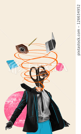 Creative tornado. Laptop, books, tools and attention, as eye, swirling in in doodle over businessman's head against beige backdrop. Art design 126634952