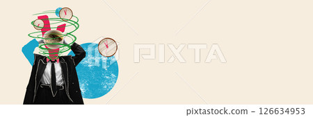Coffee and Deadlines. Cup becomes clock while chaos spins around businessman in suit against neutral background. Creative art collage. Banner Coffee and Deadlines. Cup becomes clock while chaos spins around businessman in suit against neutral background. Creative art collage. Banner 126634953
