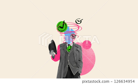 Burnout Warning. Head whirlpools into task windows showing stress and overload with check marks against beige backdrop. Surreal artwork 126634954