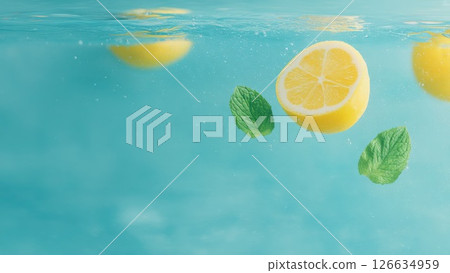 Lemon and mint leaves floating in water Refreshing and summery background_2 Lemon and mint leaves floating in water Refreshing and summery background_2 126634959
