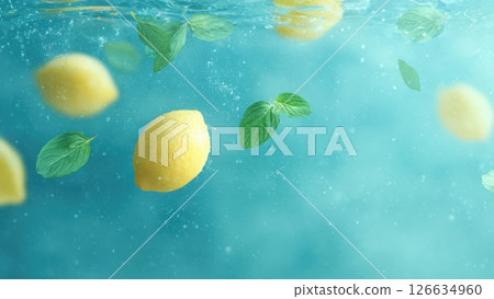 Lemon and mint leaves floating in water Refreshing and summery background_3 126634960
