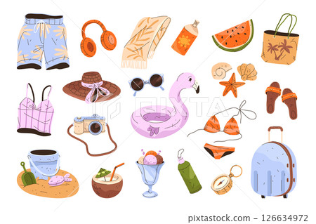 Set of summer item icon. Vector summertime accessory. Element for holiday and vacation. Travel woman clothing, apparel. Sun cream and hand lotion, cocktail and suitcase, toy, sunglasses, tote, towel. Set of summer item icon. Vector summertime accessory. Element for holiday and vacation. Travel woman clothing, apparel. Sun cream and hand lotion, cocktail and suitcase, toy, sunglasses, tote, towel. 126634972
