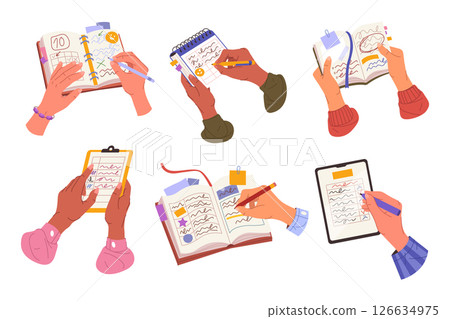 Set of vector planner or reminder, todo list. Handwritten diary or checklist page, schedule or calendar. Clipart of hands writing timetable or journal, diary. Office documentation. Plan making page. Set of vector planner or reminder, todo list. Handwritten diary or checklist page, schedule or calendar. Clipart of hands writing timetable or journal, diary. Office documentation. Plan making page. 126634975