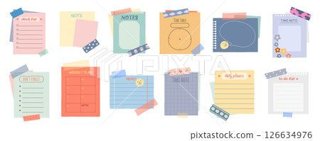 Note paper sheets set. Vector memo with adhesive labels. Blank or empty torn page for message. Writable square for office. Planer or organizer border template. Notebook or scrapbook with sticky tape. 126634976