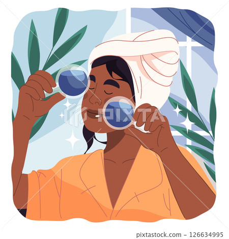 Vector sign of face massaging with cooling glass ball. Woman at facial beauty routine with crystal sphere for skin rejuvenation, contouring and circulation improvement. Skincare and health, beauty. Vector sign of face massaging with cooling glass ball. Woman at facial beauty routine with crystal sphere for skin rejuvenation, contouring and circulation improvement. Skincare and health, beauty. 126634995