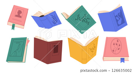 Vector isolated opened books. Hard cover literature clipart. Non fiction and educational information element with bookmark for study material. Text and paper sign. Knowledge and reading, teaching. Vector isolated opened books. Hard cover literature clipart. Non fiction and educational information element with bookmark for study material. Text and paper sign. Knowledge and reading, teaching. 126635002