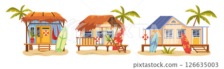Vector surfer house set. Sea or ocean hut or seaside bungalow with surfboard. Summerhouse architecture or coastal cabana outdoor. Vacation and tropical holiday clipart. Collection of tropical shack. 126635003