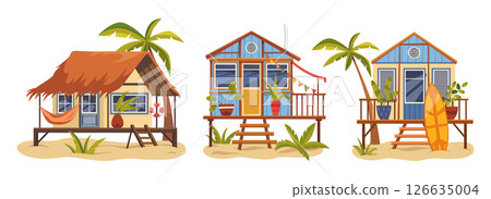 Set of summer house or surfer seashore hut. Vector bungalow with surfboard or summerhouse for vacation. Surfer shelter for leisure. Coastal architecture outdoor. Sea vacation and ocean relaxation. Set of summer house or surfer seashore hut. Vector bungalow with surfboard or summerhouse for vacation. Surfer shelter for leisure. Coastal architecture outdoor. Sea vacation and ocean relaxation. 126635004