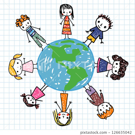 Cute vector illustration of kids stick figures in a circle around a drawing of the Earth, for Children's Day or Earth Day cards and posters 126635042