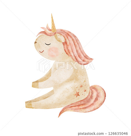Unicorns with a pink mane. Watercolor illustration hand-drawn in pastel beige on a white background in a children's stylization for the design of greeting cards, birthday party, baby clothes, poster 126635046
