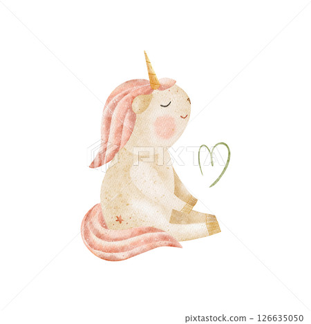 Watercolor illustration unicorns baby sitting, cute smiling. Hand drawn character on white background in childish style for design of greeting cards, birthday party, baby clothes, poster 126635050