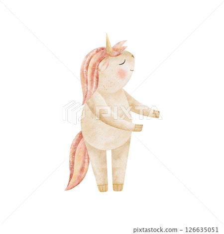 Unicorn baby standing, dancing, pink mane. Watercolor hand drawn illustration in pastel color on white background in childish stylization for design greeting cards birthday party, baby clothes, poster 126635051