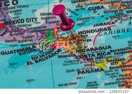 Map highlighting Tegucigalpa in Honduras with a pink pin 126635147