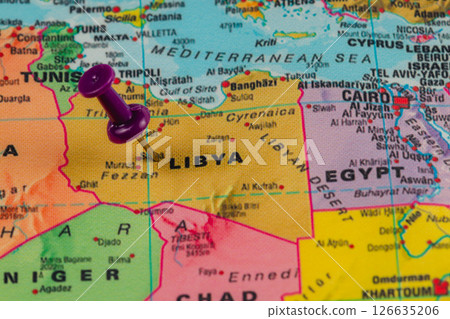 Pinpointing Libya on a detailed world map close-up 126635206