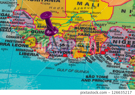 Pin marks location on a map of West Africa in colorful detail 126635217