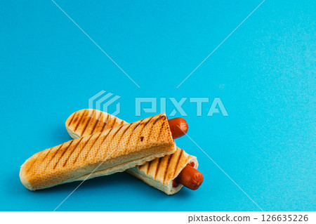 Delicious grilled hot dogs served on toasted bread slices Delicious grilled hot dogs served on toasted bread slices 126635226