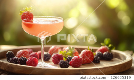 Refreshing Berry Cocktail in Elegant Glass with Fresh Fruits 126635319