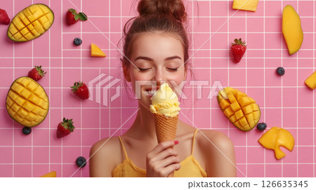 Blissful woman savoring mango ice cream with fruit decor 126635345