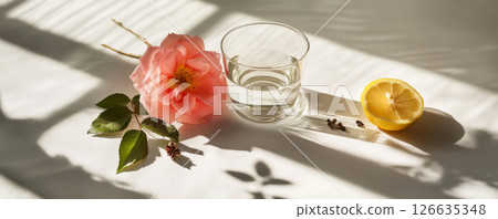 Rose with Lemon, Spices, and Glass of Water in Sunlight 126635348