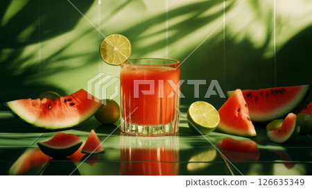 Refreshing Watermelon and Lime Beverages on a Tropical Table 126635349