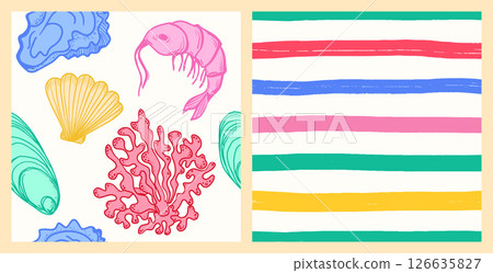 La dolce vita themed seamless pattern set with Seafood. The Scallop, Shrimp, Coral, Oyster with hand drawn colourful Stripes print on white background. Hand-drawn vector inspired by Summer Italian 126635827