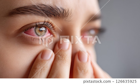 Red symptom: eyelid inflammation, vision tension, optic defect, fatigue signal, human condition, medical stress, tissue reaction, cornea damage, ocular sign, retina irritation 126635925
